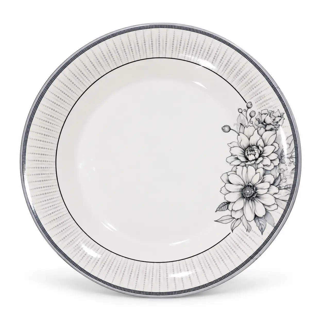 Monochrome Floral Rim Porcelain Plate Rice Plate - Dinner Plate - Image 1
