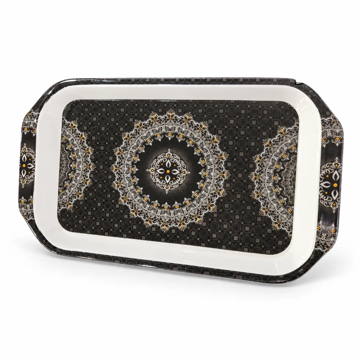 Ornate Charcoal Mandala Serving Tray Melamine Trays (Black & Grey Design) - Image 1